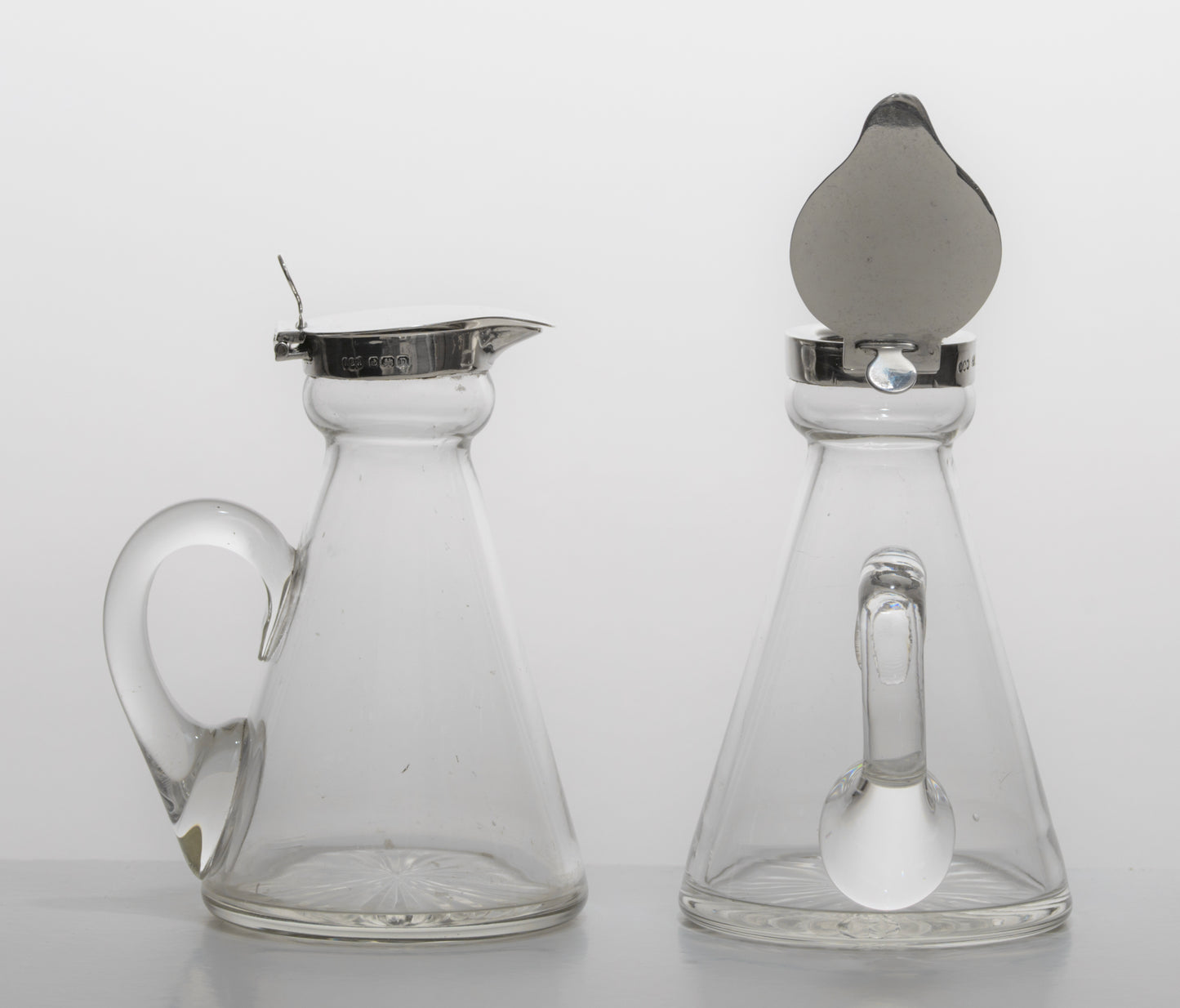 Pair Antique Hukin & Heath Whisky Noggin Jugs Sterling Silver Mounts (3276)