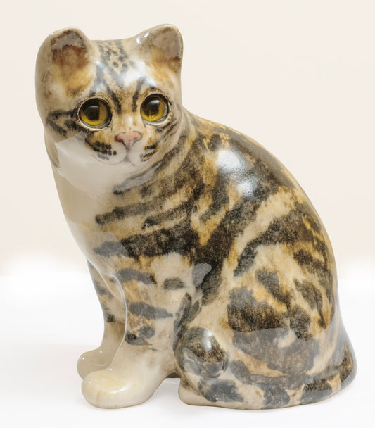 Vintage Winstanley Size 3 Pottery Sitting Tabby Cat With Glass Eyes - Signed (3289)