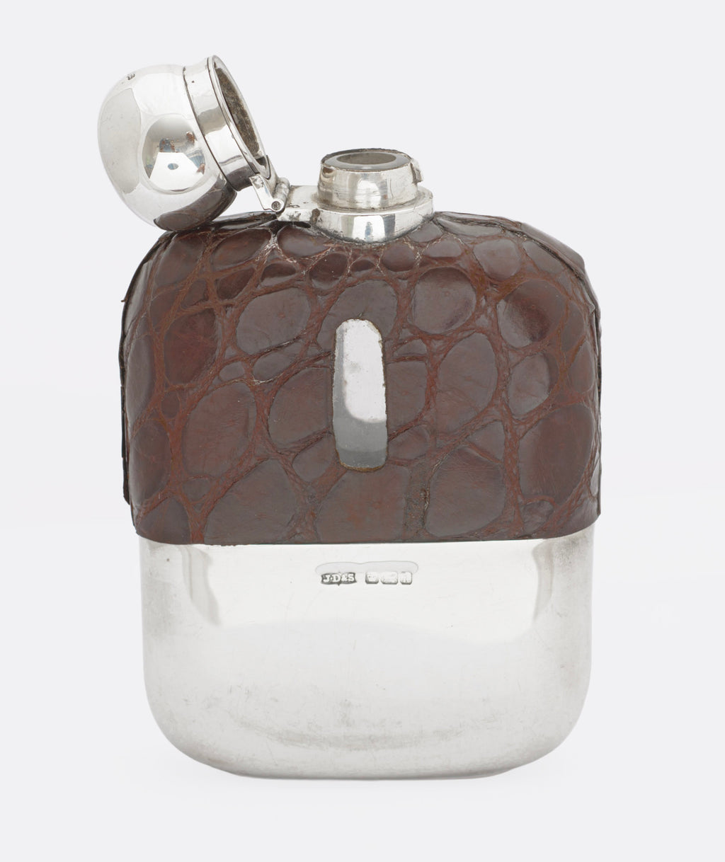 Antique James Dixon & Sons Sterling Silver & Crocodile Skin Leather Hip Flask (3293)