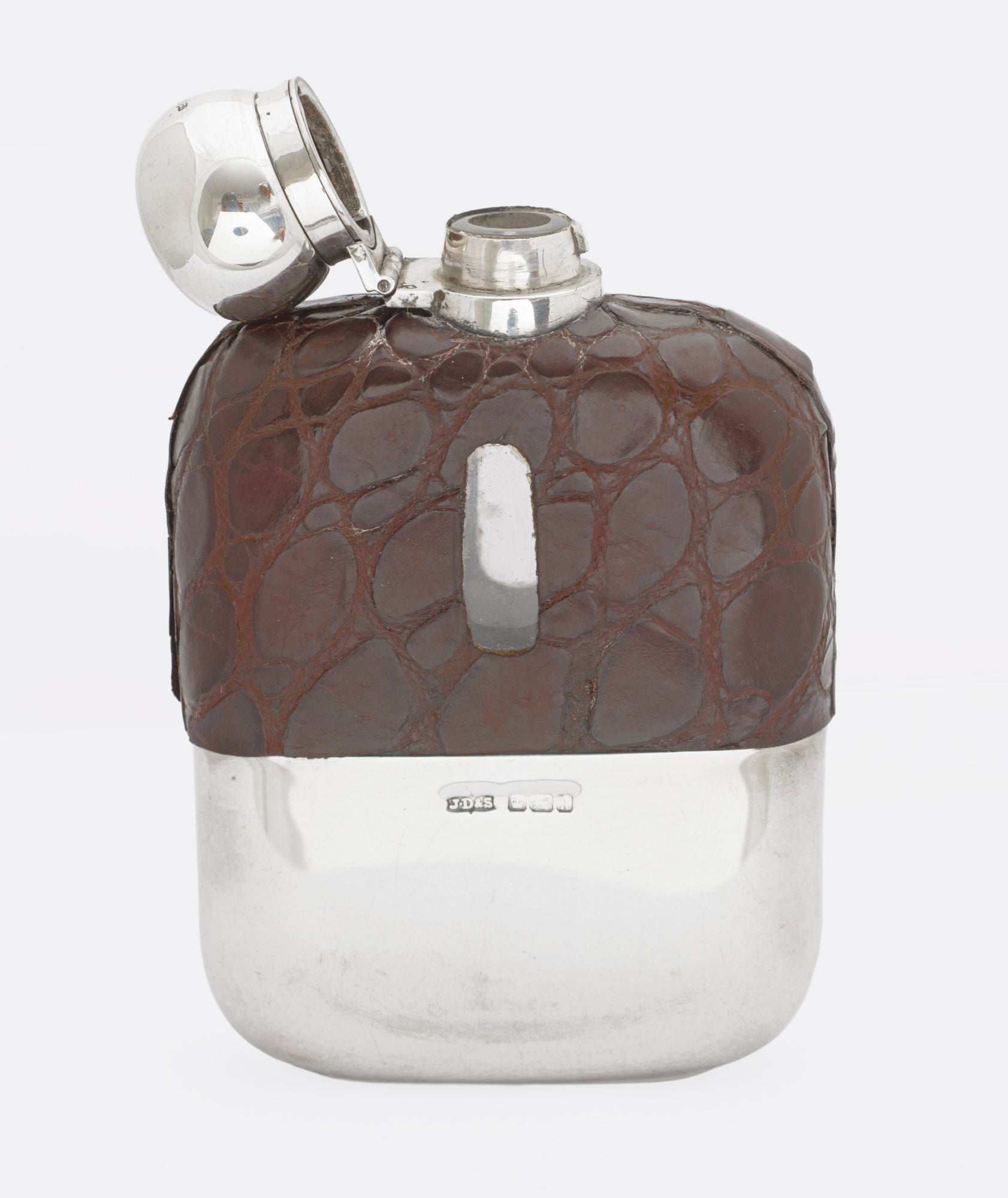 Antique James Dixon & Sons Sterling Silver & Crocodile Skin Leather Hip Flask (3293)