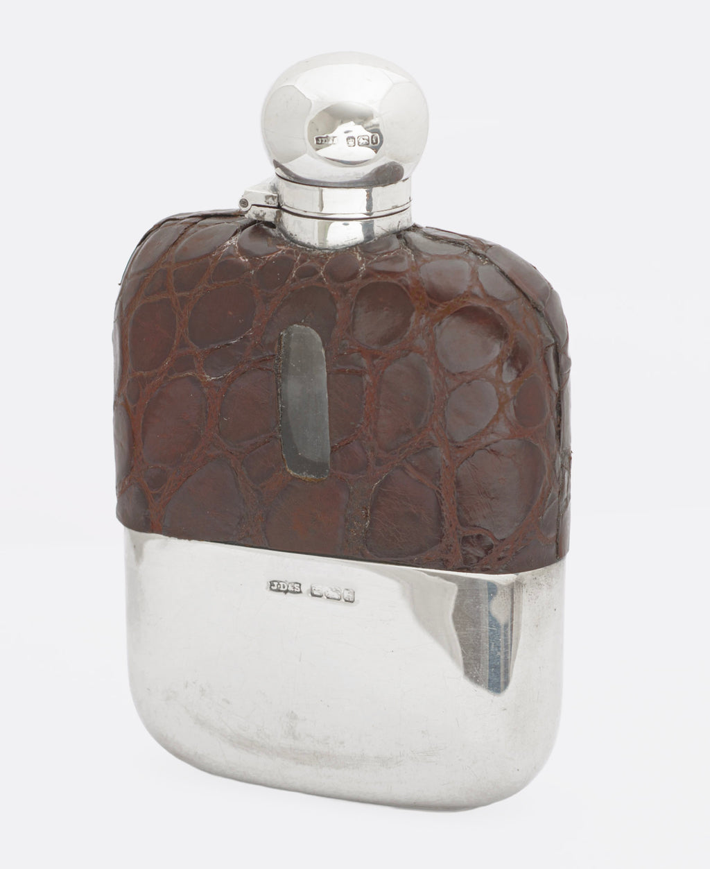 Antique James Dixon & Sons Sterling Silver & Crocodile Skin Leather Hip Flask (3293)