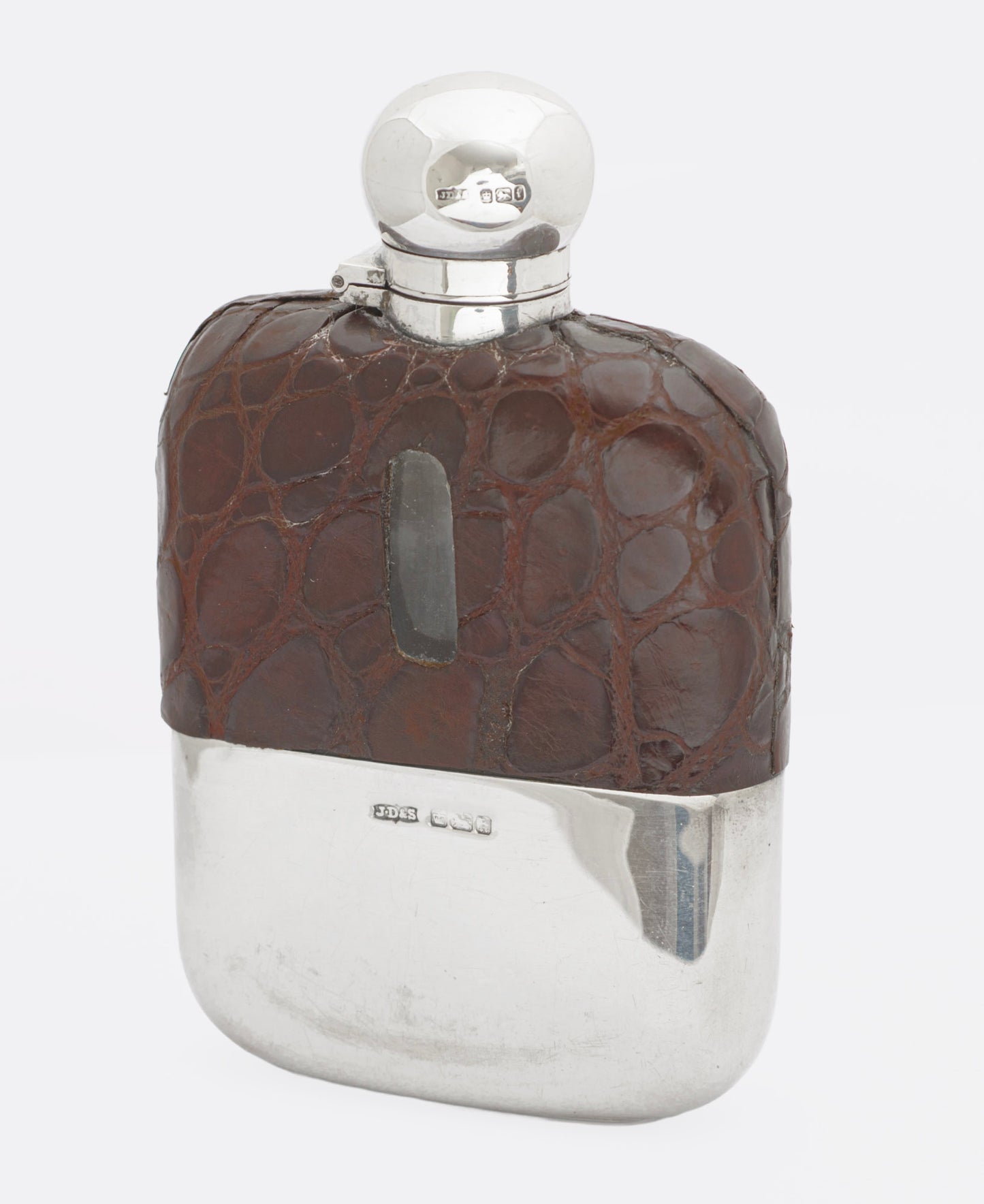 Antique James Dixon & Sons Sterling Silver & Crocodile Skin Leather Hip Flask (3293)