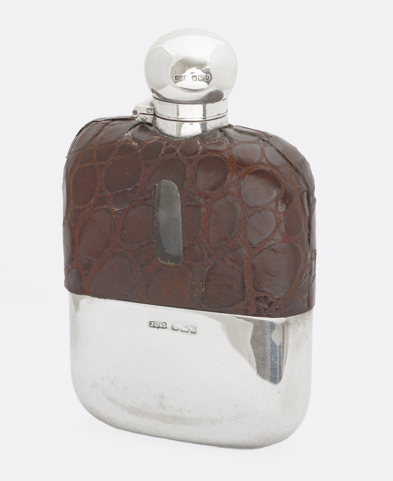Antique James Dixon & Sons Sterling Silver & Crocodile Skin Leather Hip Flask (3293)