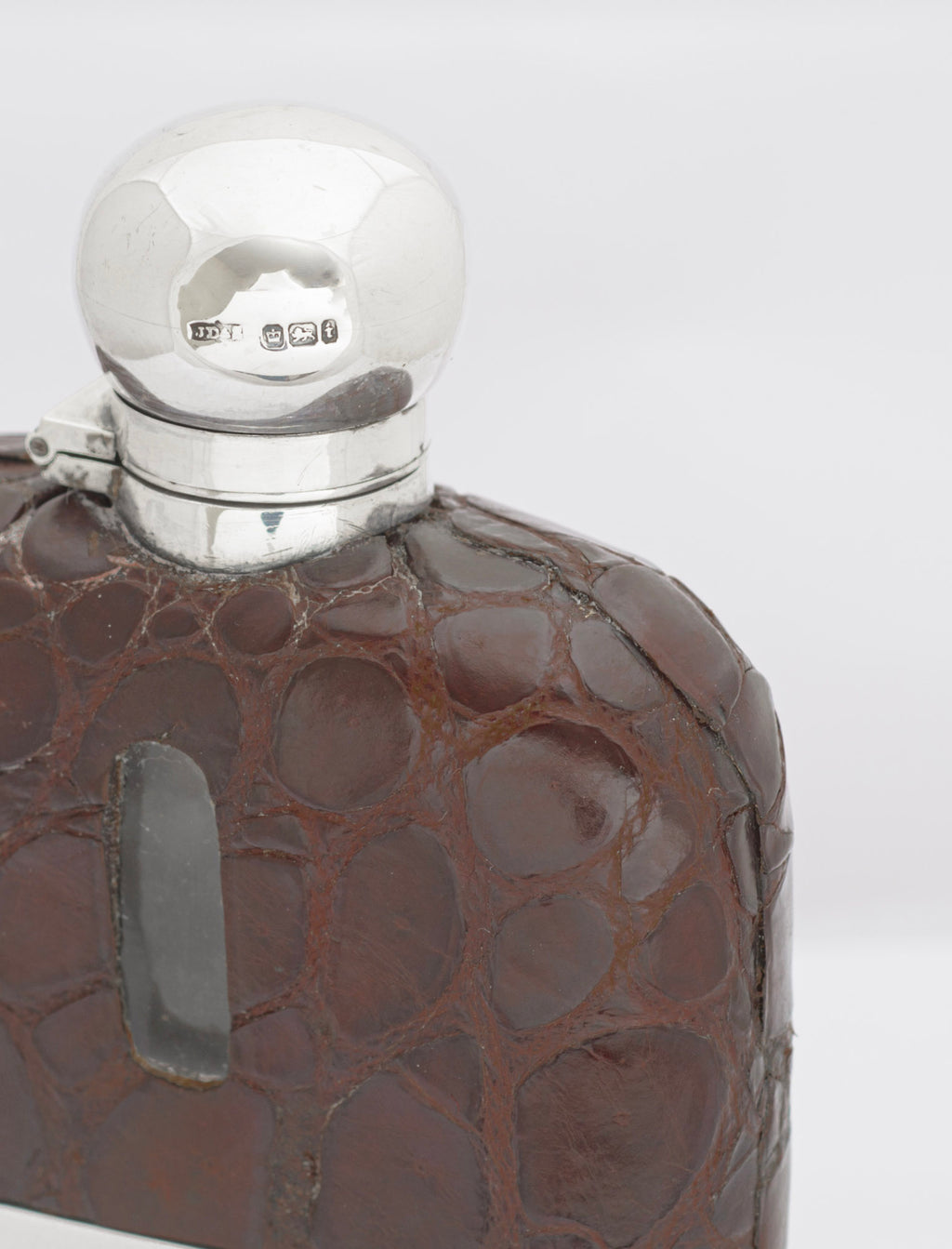 Antique James Dixon & Sons Sterling Silver & Crocodile Skin Leather Hip Flask (3293)