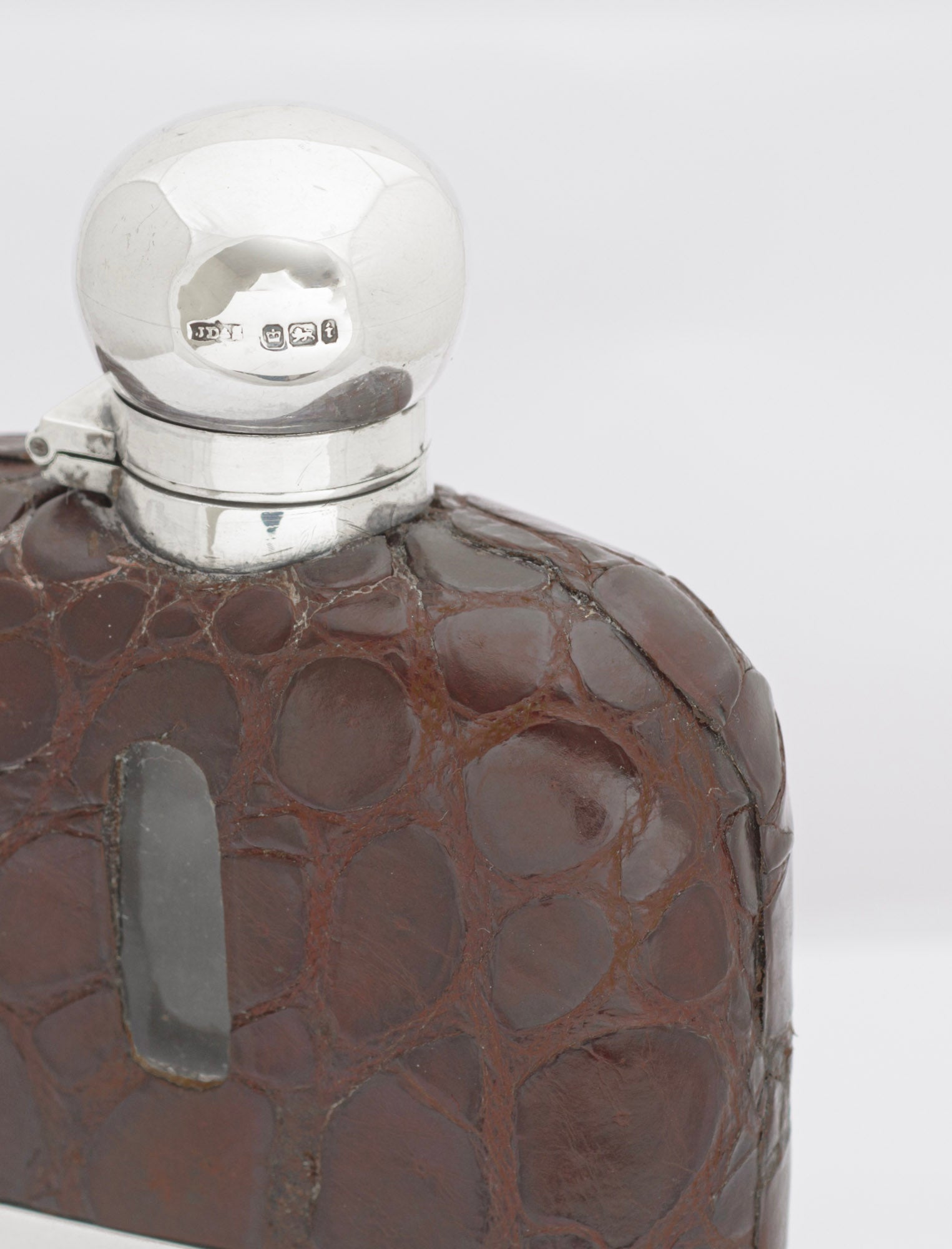 Antique James Dixon & Sons Sterling Silver & Crocodile Skin Leather Hip Flask (3293)
