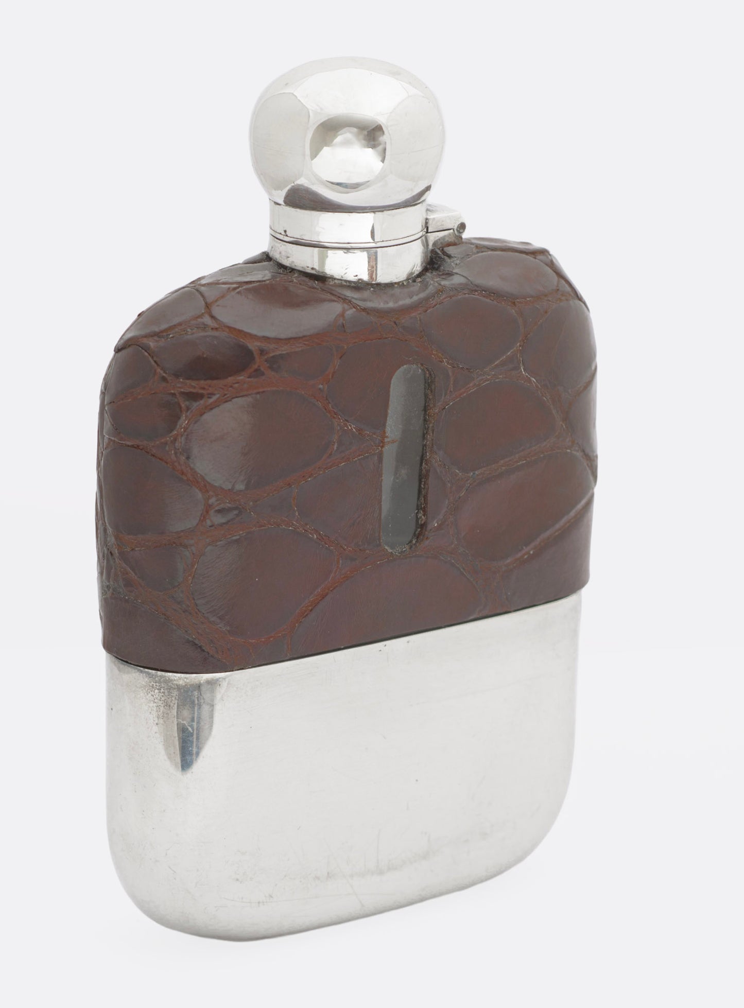 Antique James Dixon & Sons Sterling Silver & Crocodile Skin Leather Hip Flask (3293)