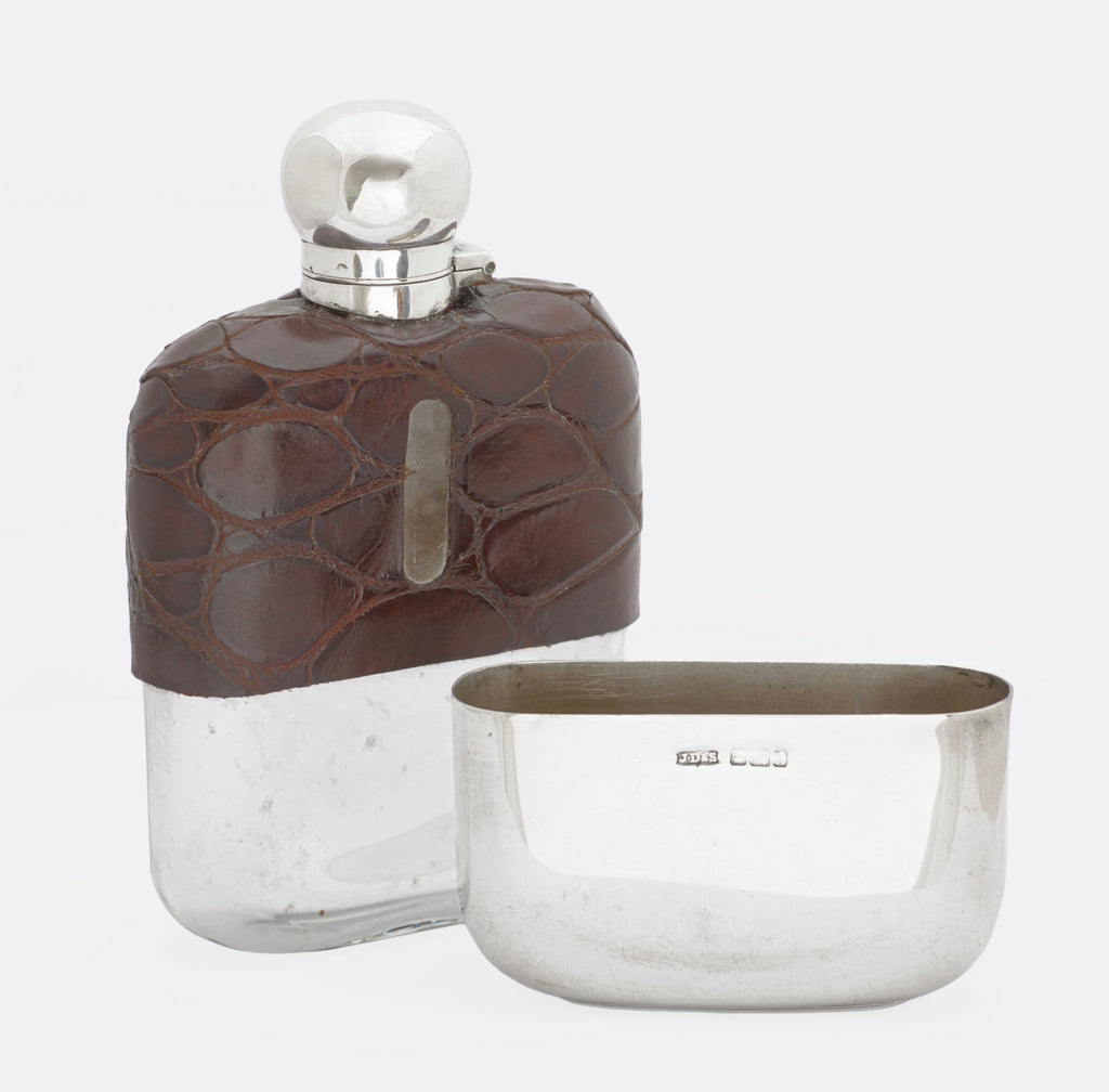 Antique James Dixon & Sons Sterling Silver & Crocodile Skin Leather Hip Flask (3293)