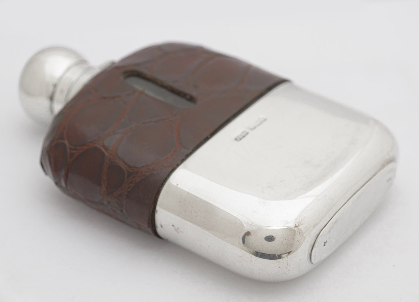 Antique James Dixon & Sons Sterling Silver & Crocodile Skin Leather Hip Flask (3293)