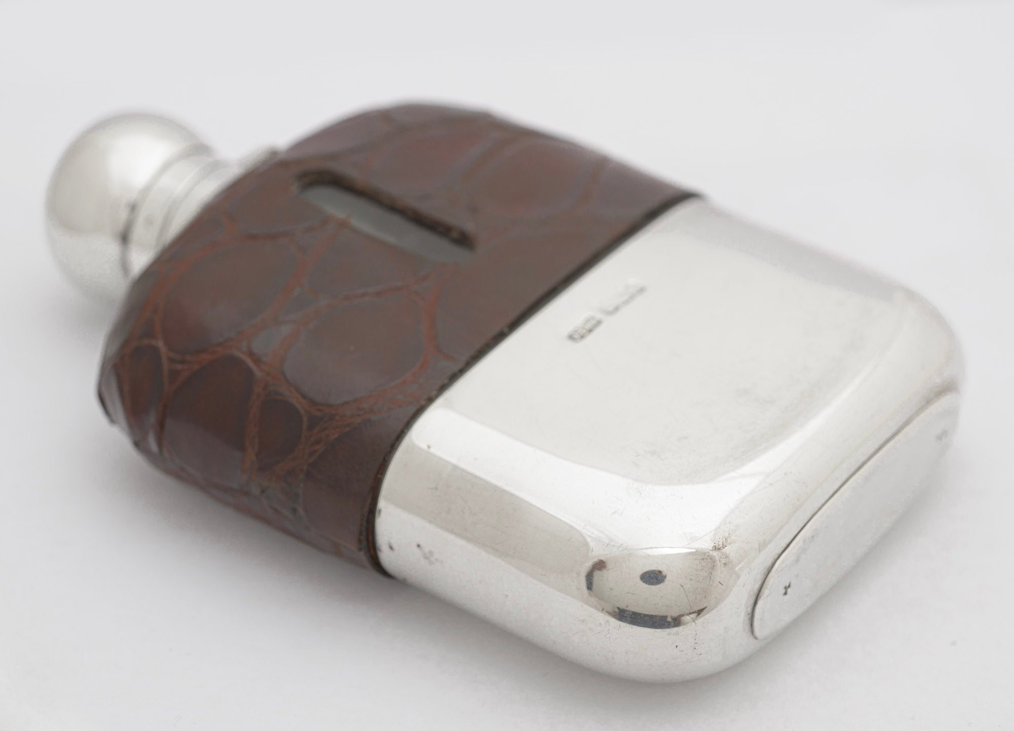 Antique James Dixon & Sons Sterling Silver & Crocodile Skin Leather Hip Flask (3293)