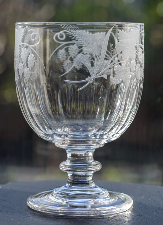 Antique Georgian/Victorian Large Good Quality Rummer Glass Hops & Barley Etching (3297)