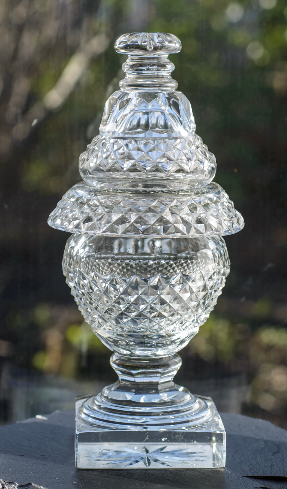 Antique Victorian Heavy Impressive Cut Glass Lidded Sweetmeat Jar c.1870 (3302)