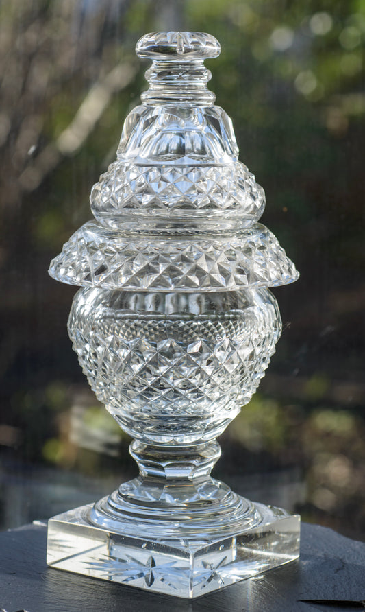 Antique Victorian Heavy Impressive Cut Glass Lidded Sweetmeat Jar c.1870 (3302)