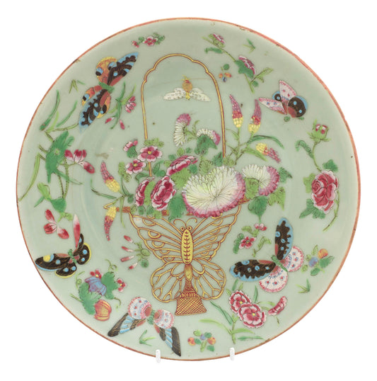 Antique Chinese Porcelain Rose Canton Celadon Plate Hand Painted Famille Rose(3304)