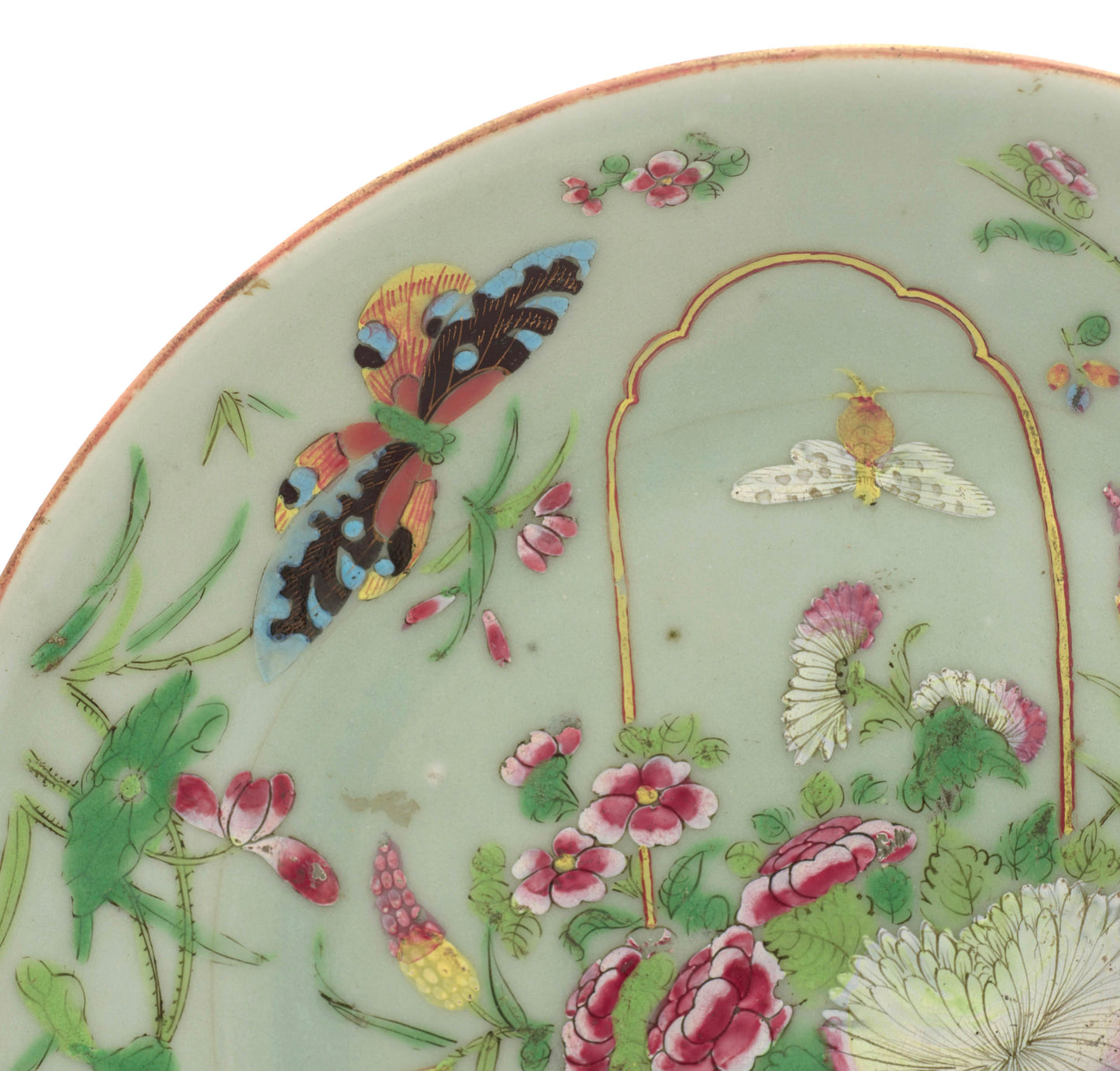 Antique Chinese Porcelain Rose Canton Celadon Plate Hand Painted Famille Rose(3304)