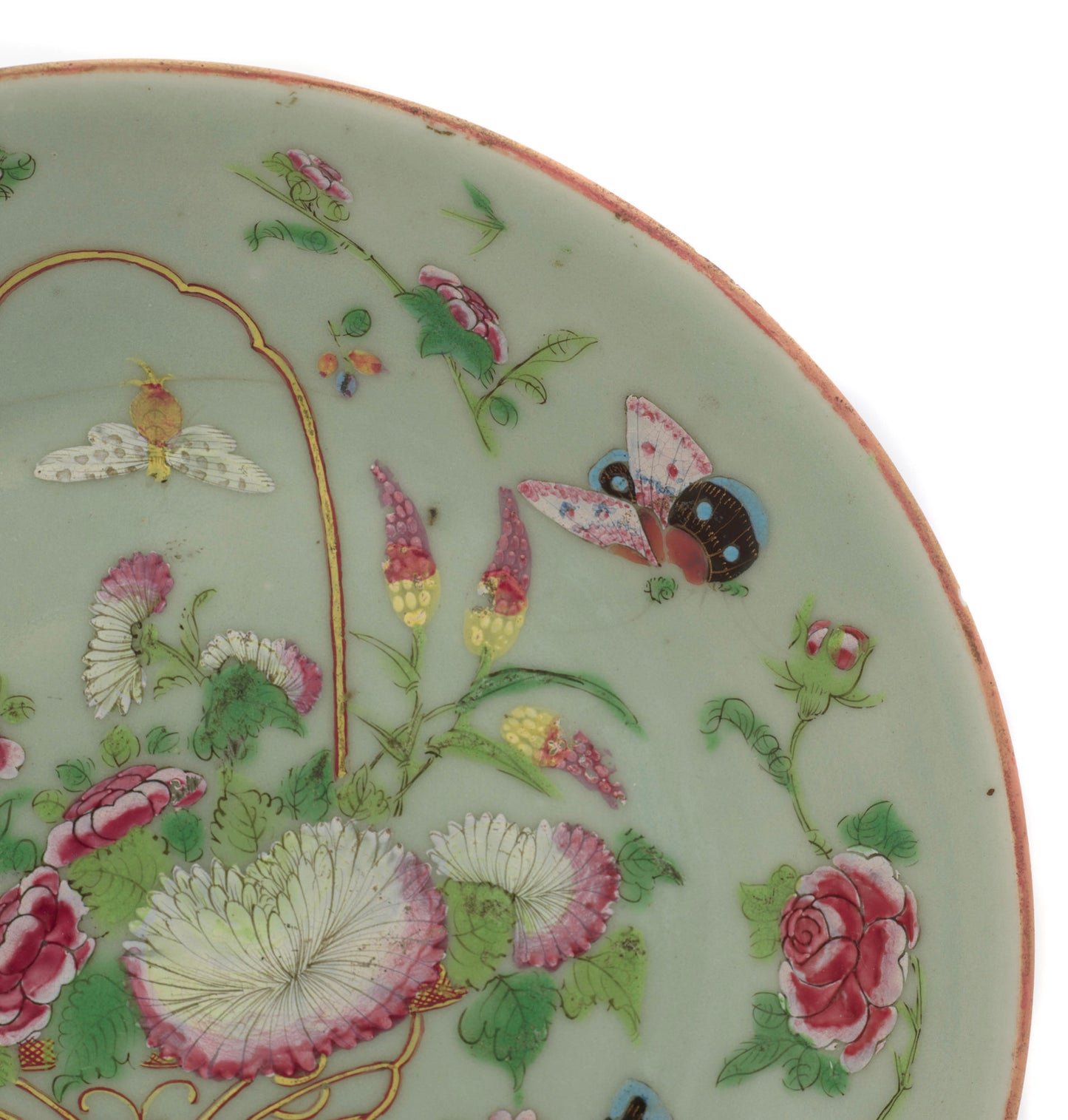 Antique Chinese Porcelain Rose Canton Celadon Plate Hand Painted Famille Rose(3304)