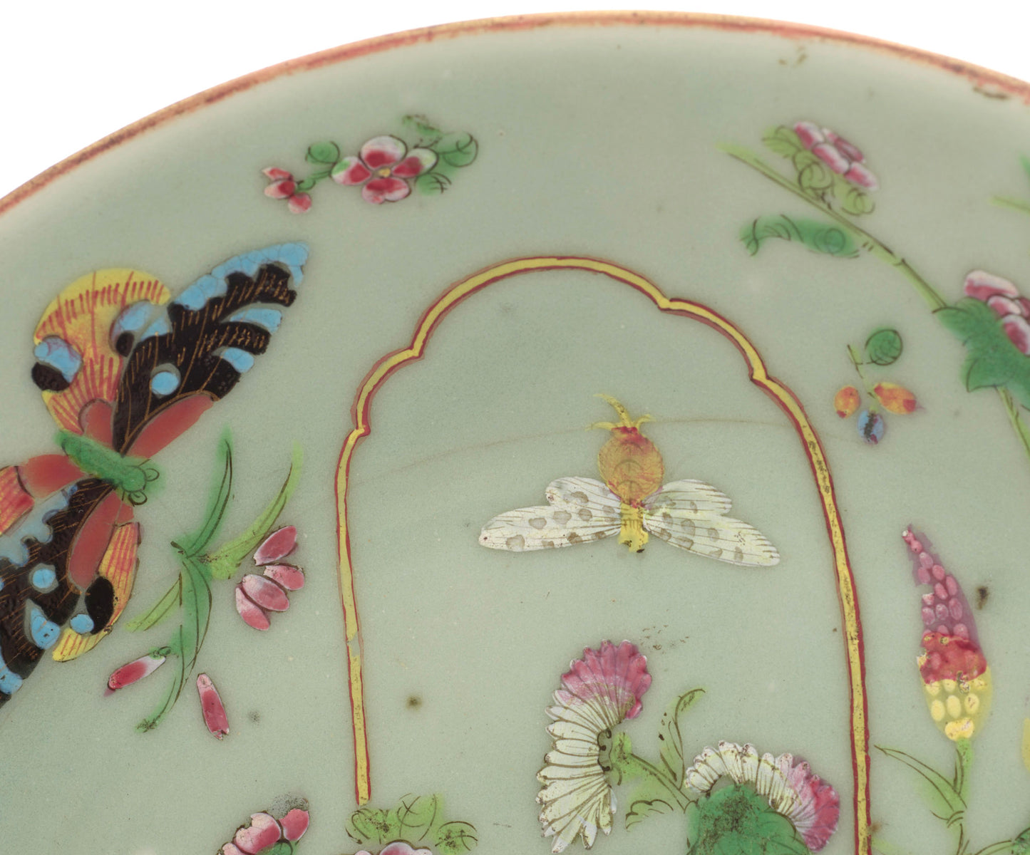 Antique Chinese Porcelain Rose Canton Celadon Plate Hand Painted Famille Rose(3304)