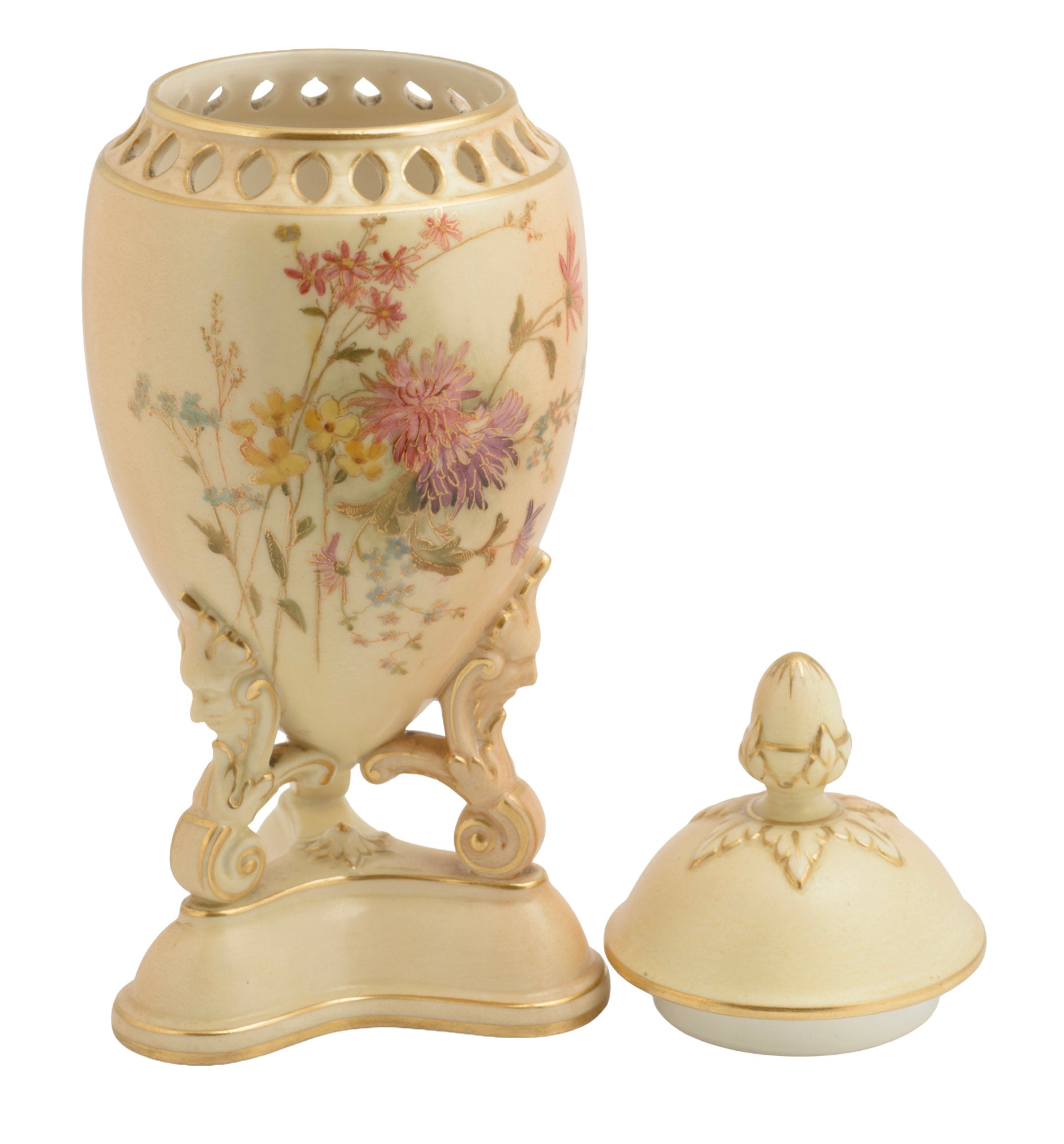 Antique Royal Worcester China Blush Ivory Glaze Pot Pourri Lidded Vase c.1908 (3310)