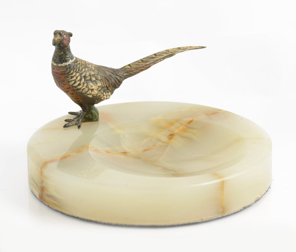 Vintage Art Deco Cold Painted Bronze Pheasant On Green Onyx Dish (3311)