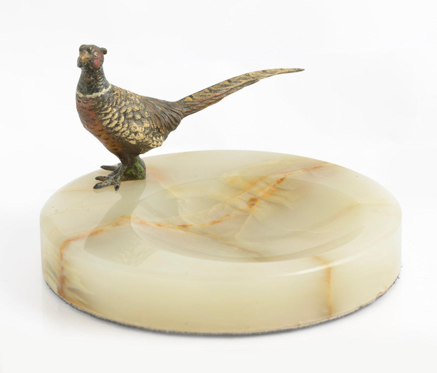 Vintage Art Deco Cold Painted Bronze Pheasant On Green Onyx Dish (3311)