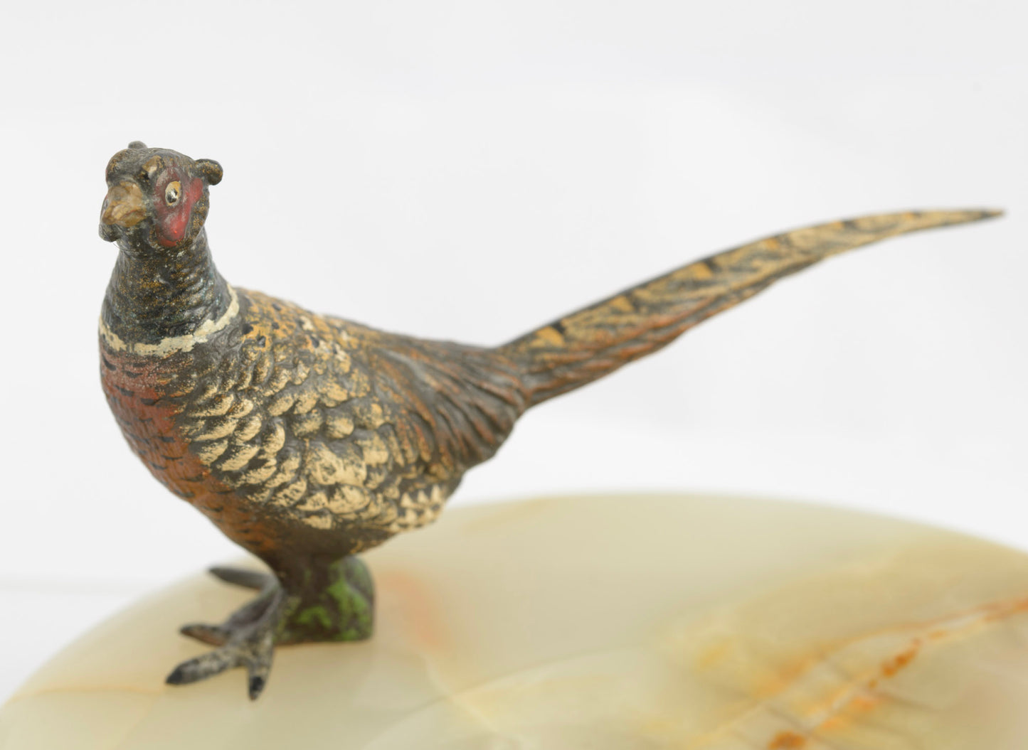 Vintage Art Deco Cold Painted Bronze Pheasant On Green Onyx Dish (3311)