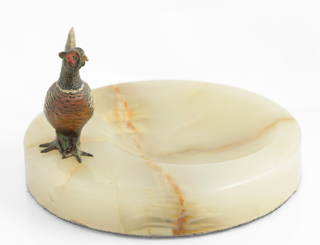 Vintage Art Deco Cold Painted Bronze Pheasant On Green Onyx Dish (3311)