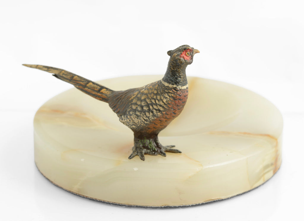 Vintage Art Deco Cold Painted Bronze Pheasant On Green Onyx Dish (3311)