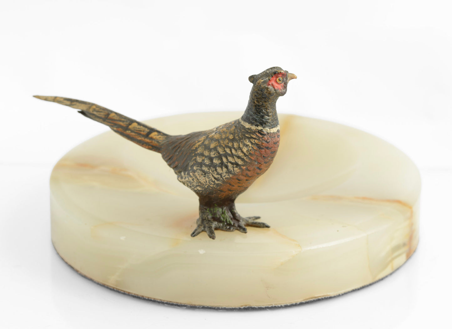 Vintage Art Deco Cold Painted Bronze Pheasant On Green Onyx Dish (3311)