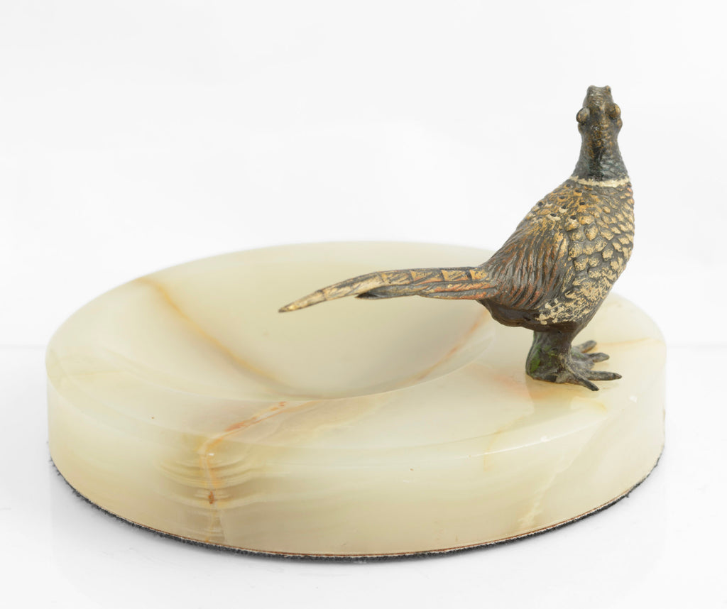 Vintage Art Deco Cold Painted Bronze Pheasant On Green Onyx Dish (3311)