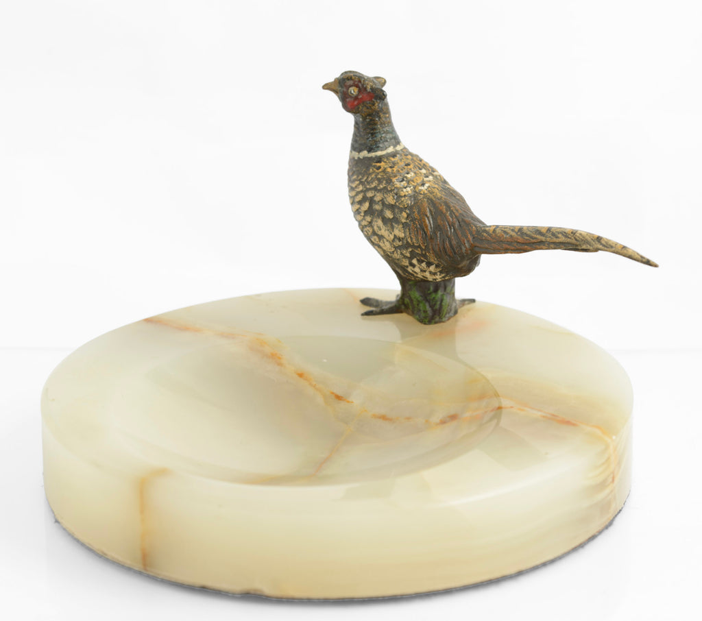 Vintage Art Deco Cold Painted Bronze Pheasant On Green Onyx Dish (3311)