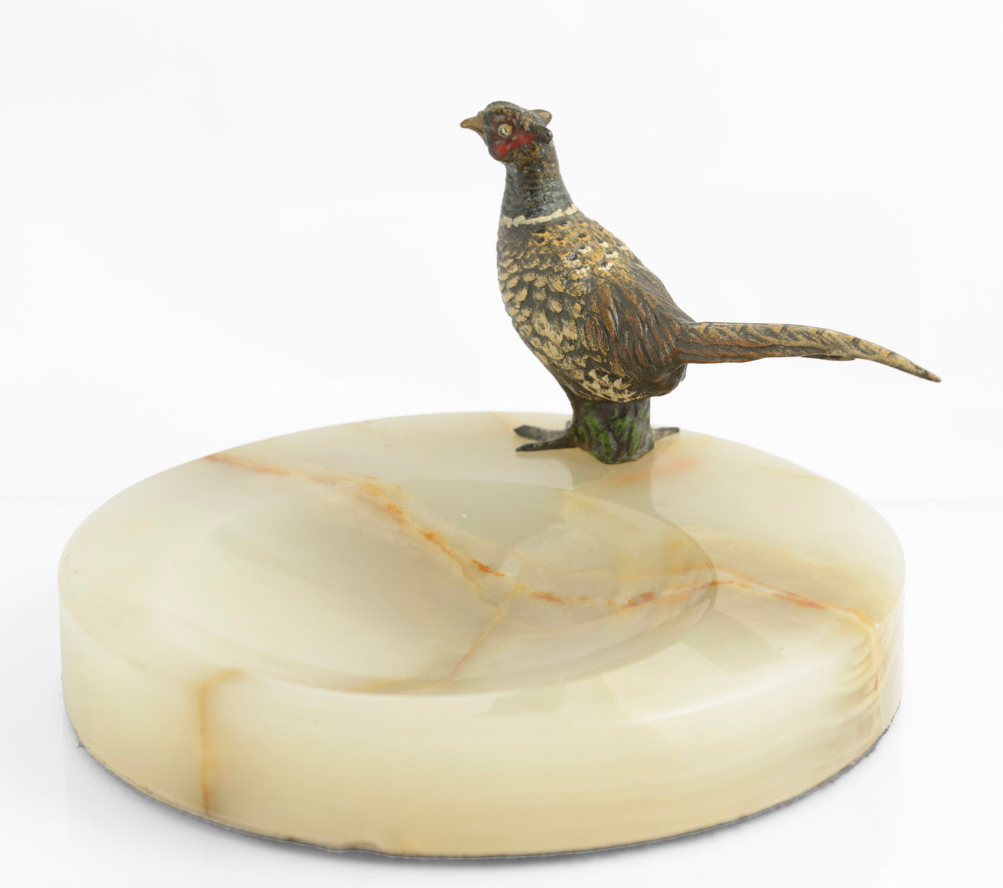 Vintage Art Deco Cold Painted Bronze Pheasant On Green Onyx Dish (3311)