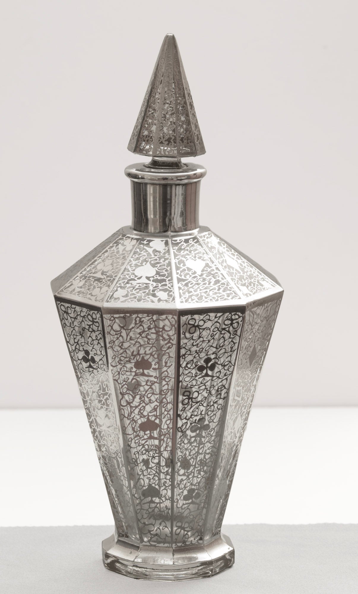 Antique Art Deco Decanter Sterling Silver Overlay Playing Cards Suit Design (3315)