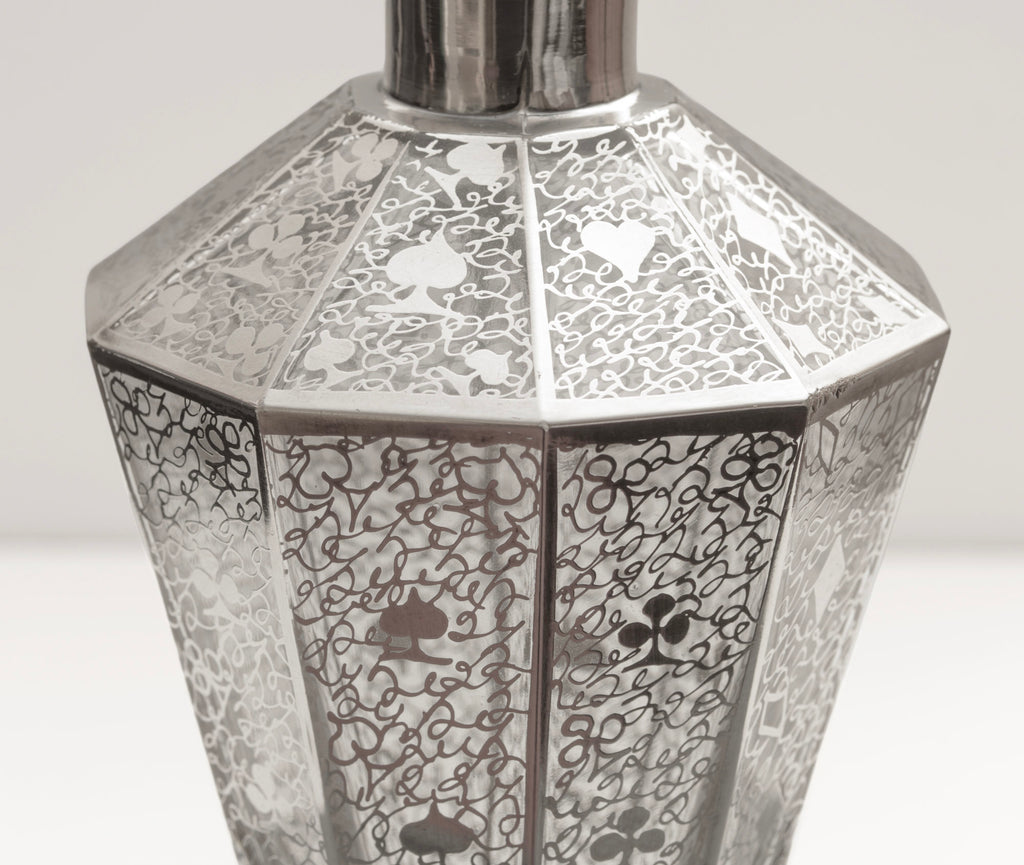 Antique Art Deco Decanter Sterling Silver Overlay Playing Cards Suit Design (3315)