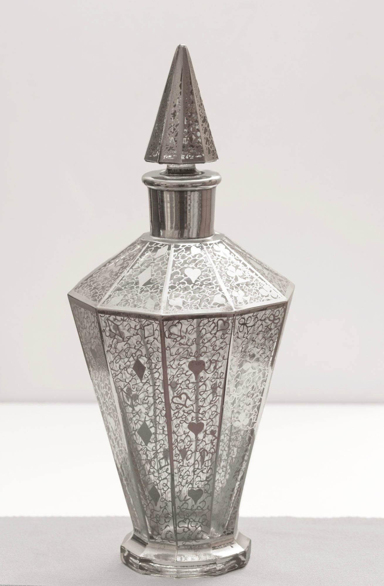 Antique Art Deco Decanter Sterling Silver Overlay Playing Cards Suit Design (3315)