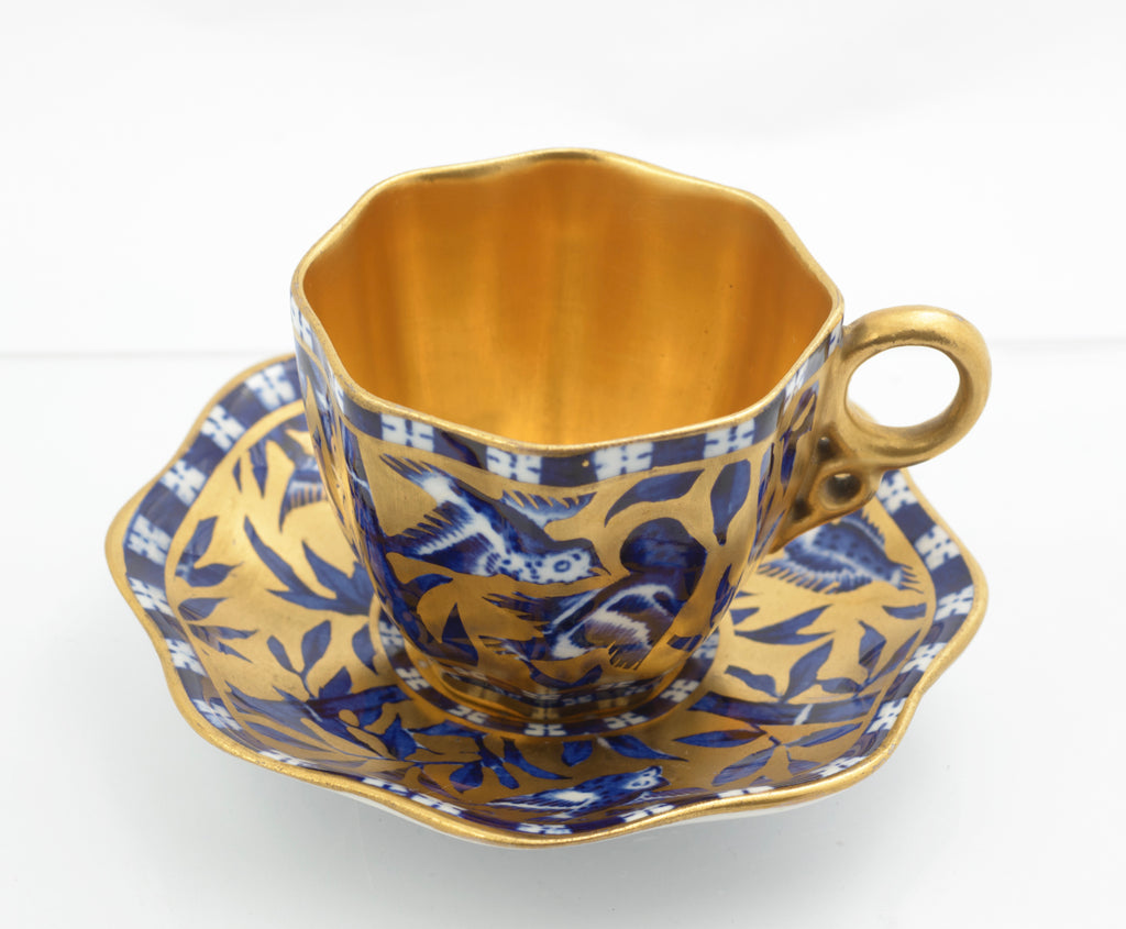 Antique Coalport Japanese Grove Fluted Demi-Tasse Cup & Saucer Blue/Gilt (3320)
