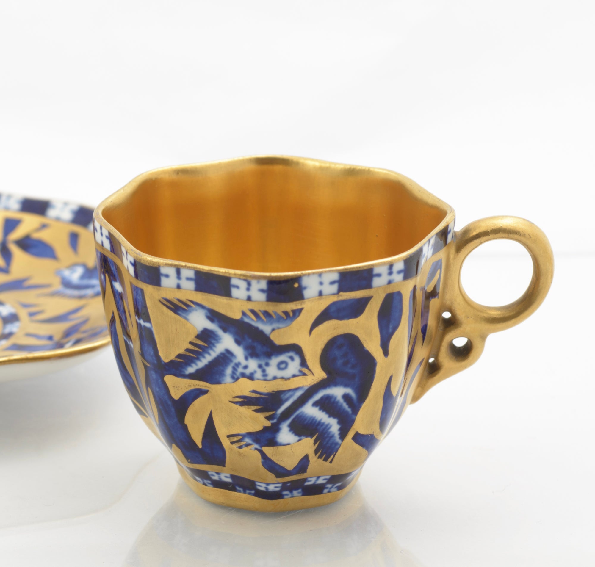Antique Coalport Japanese Grove Fluted Demi-Tasse Cup & Saucer Blue/Gilt (3320)