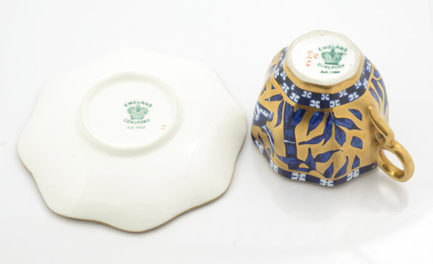 Antique Coalport Japanese Grove Fluted Demi-Tasse Cup & Saucer Blue/Gilt (3320)