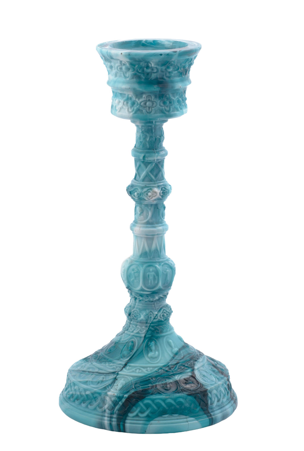 Antique Sowerby Blue Malachite / Slag Glass Candlestick Press Moulded Victorian (3326)