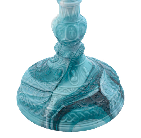 Antique Sowerby Blue Malachite / Slag Glass Candlestick Press Moulded Victorian (3326)