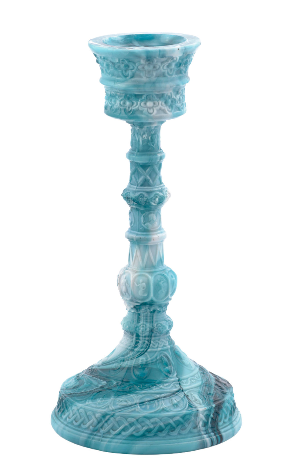 Antique Sowerby Blue Malachite / Slag Glass Candlestick Press Moulded Victorian (3326)