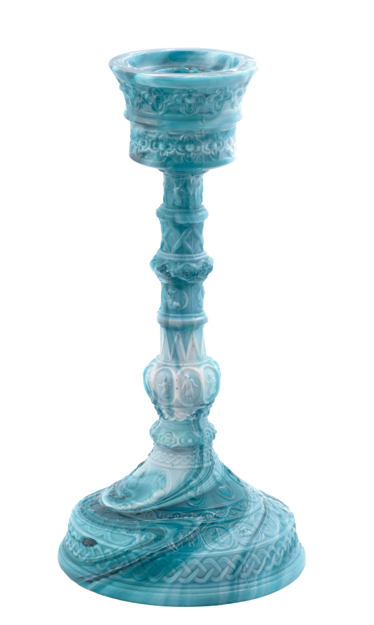 Antique Sowerby Blue Malachite / Slag Glass Candlestick Press Moulded Victorian (3326)