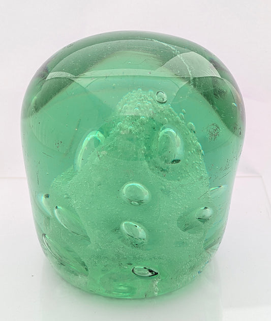 Antique Victorian Green Glass Dump Paperweight Foil Column & Air Bubbles (3337)