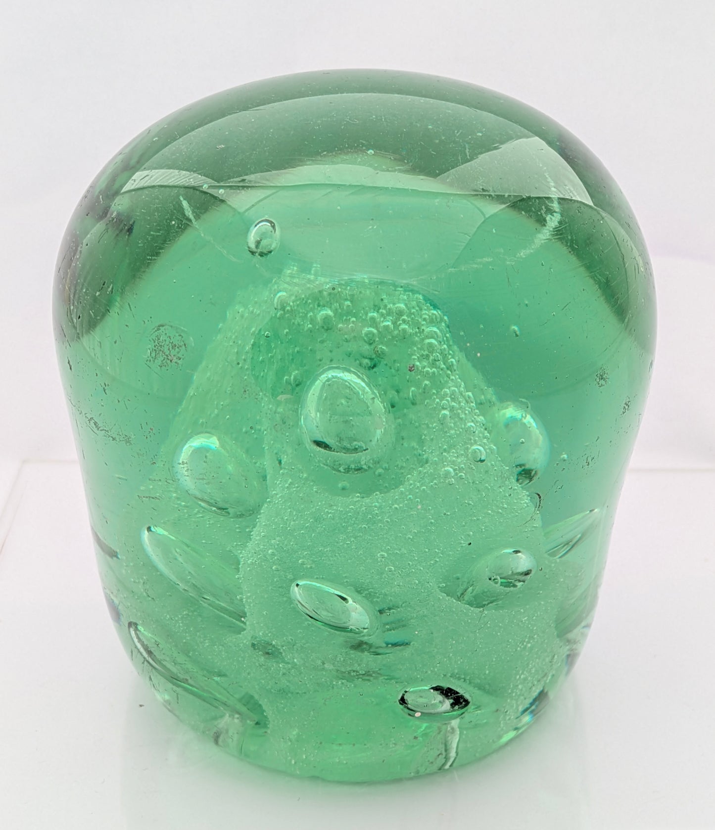 Antique Victorian Green Glass Dump Paperweight Foil Column & Air Bubbles (3337)