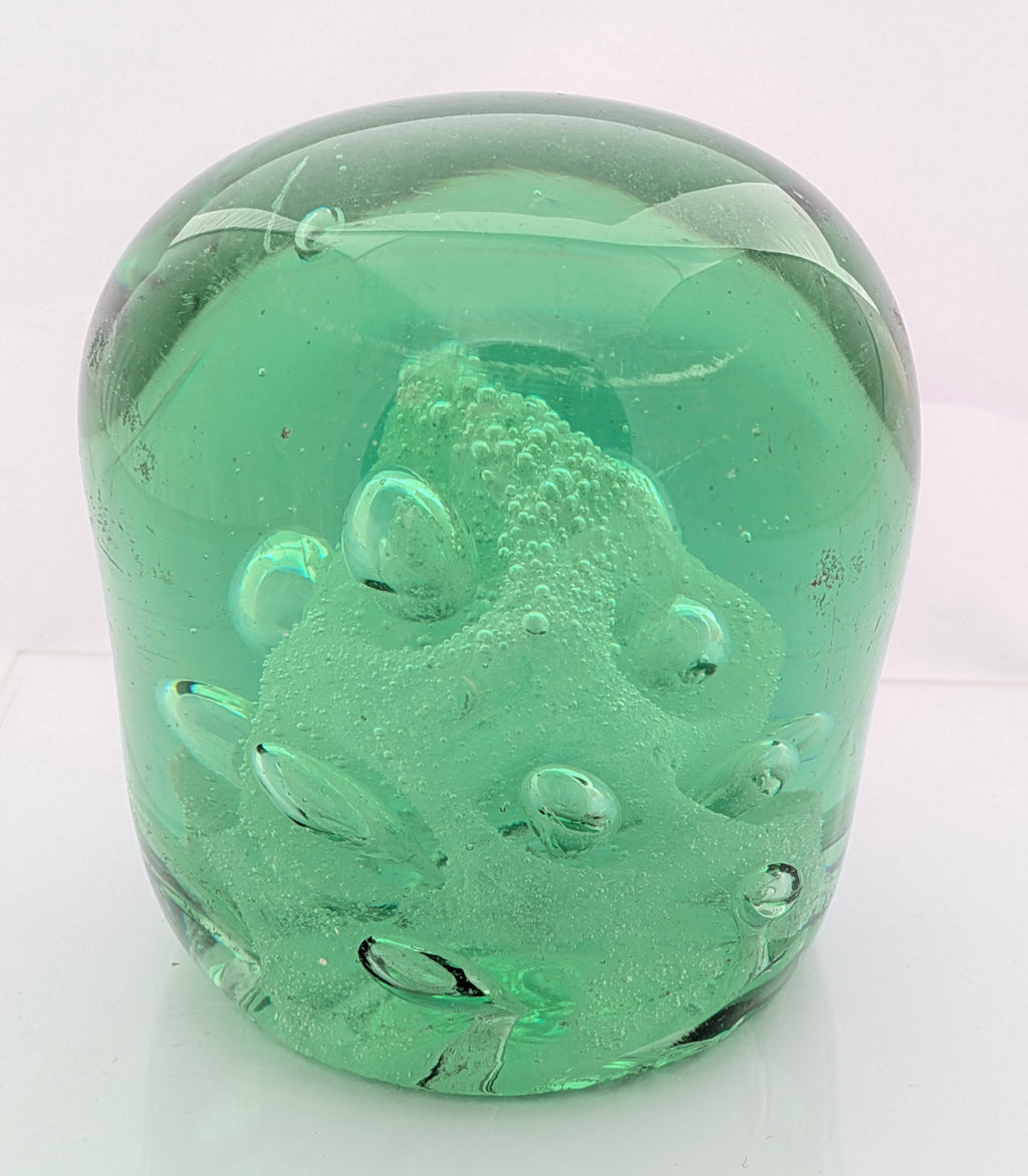 Antique Victorian Green Glass Dump Paperweight Foil Column & Air Bubbles (3337)