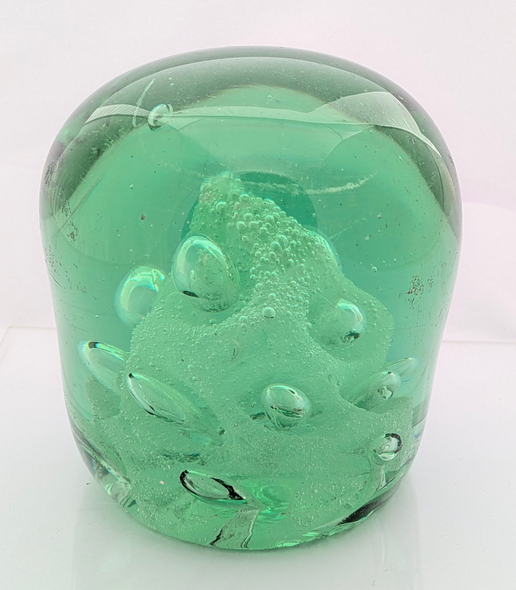 Antique Victorian Green Glass Dump Paperweight Foil Column & Air Bubbles (3337)