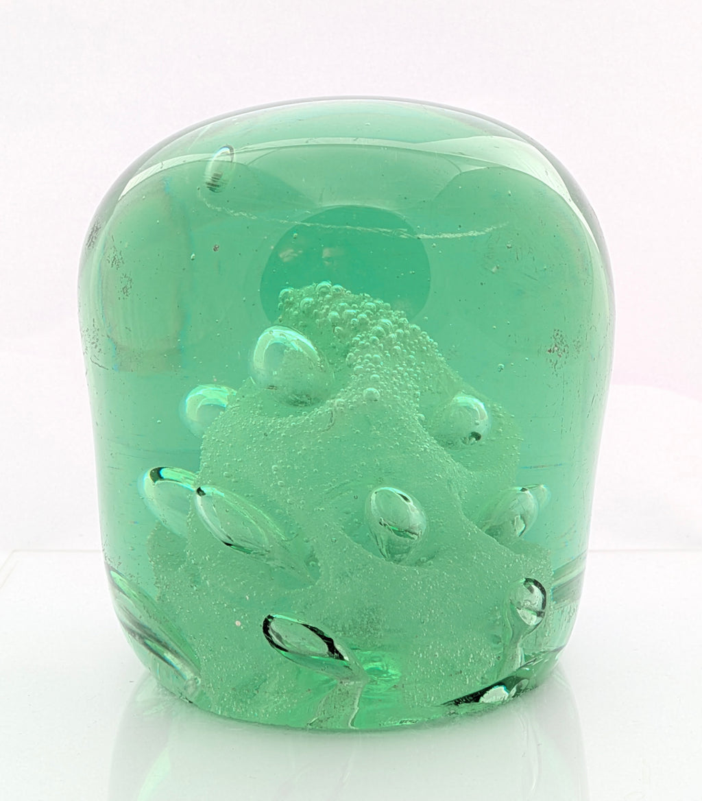 Antique Victorian Green Glass Dump Paperweight Foil Column & Air Bubbles (3337)