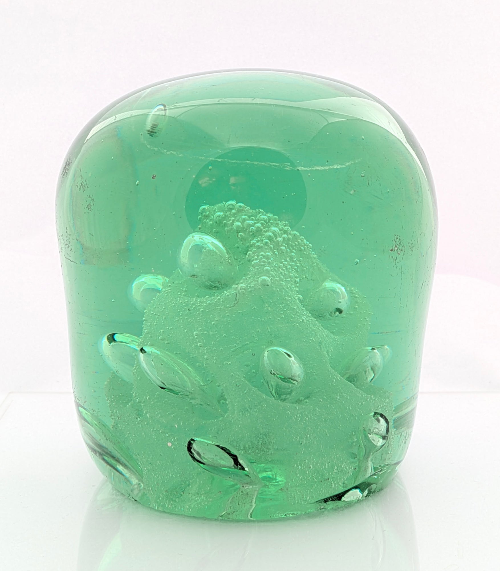 Antique Victorian Green Glass Dump Paperweight Foil Column & Air Bubbles (3337)