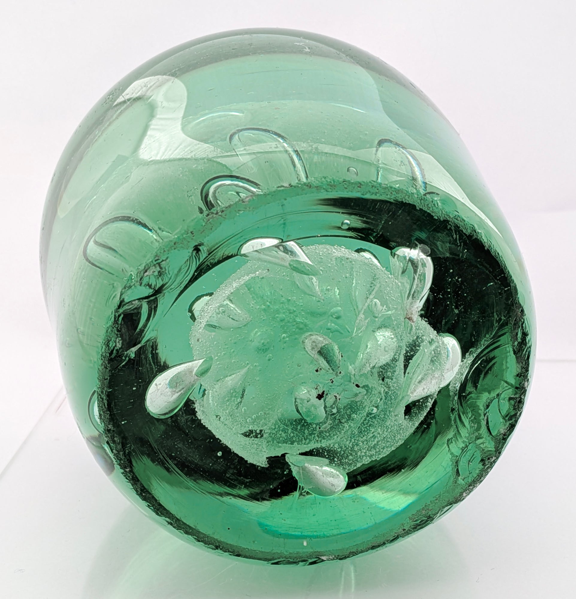 Antique Victorian Green Glass Dump Paperweight Foil Column & Air Bubbles (3337)