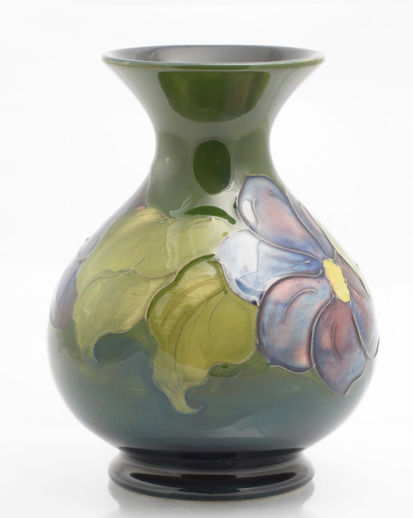 Vintage Moorcroft Tubelined Clematis Pattern Art Pottery Vase Green / Blue(3343)