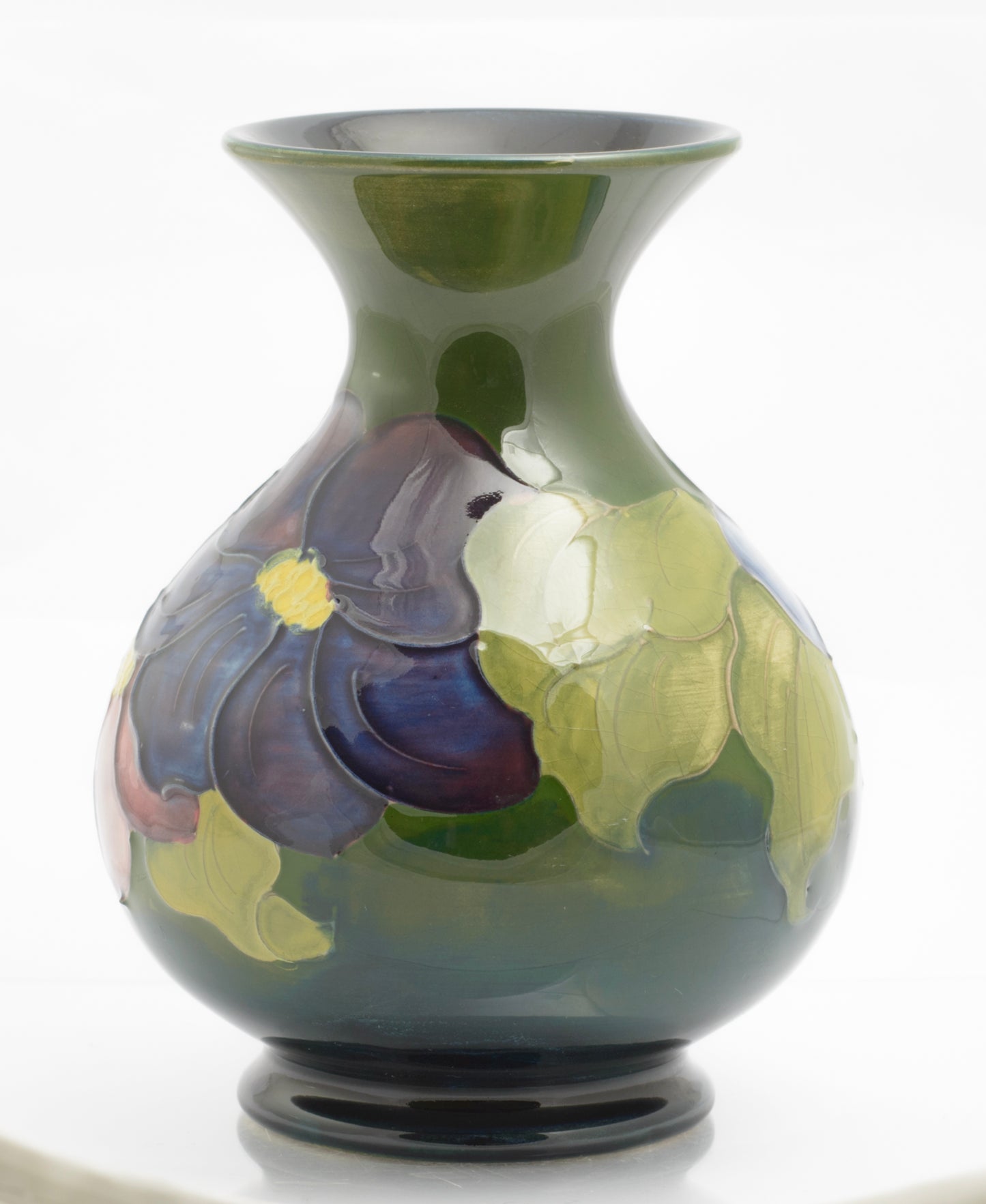 Vintage Moorcroft Tubelined Clematis Pattern Art Pottery Vase Green / Blue(3343)