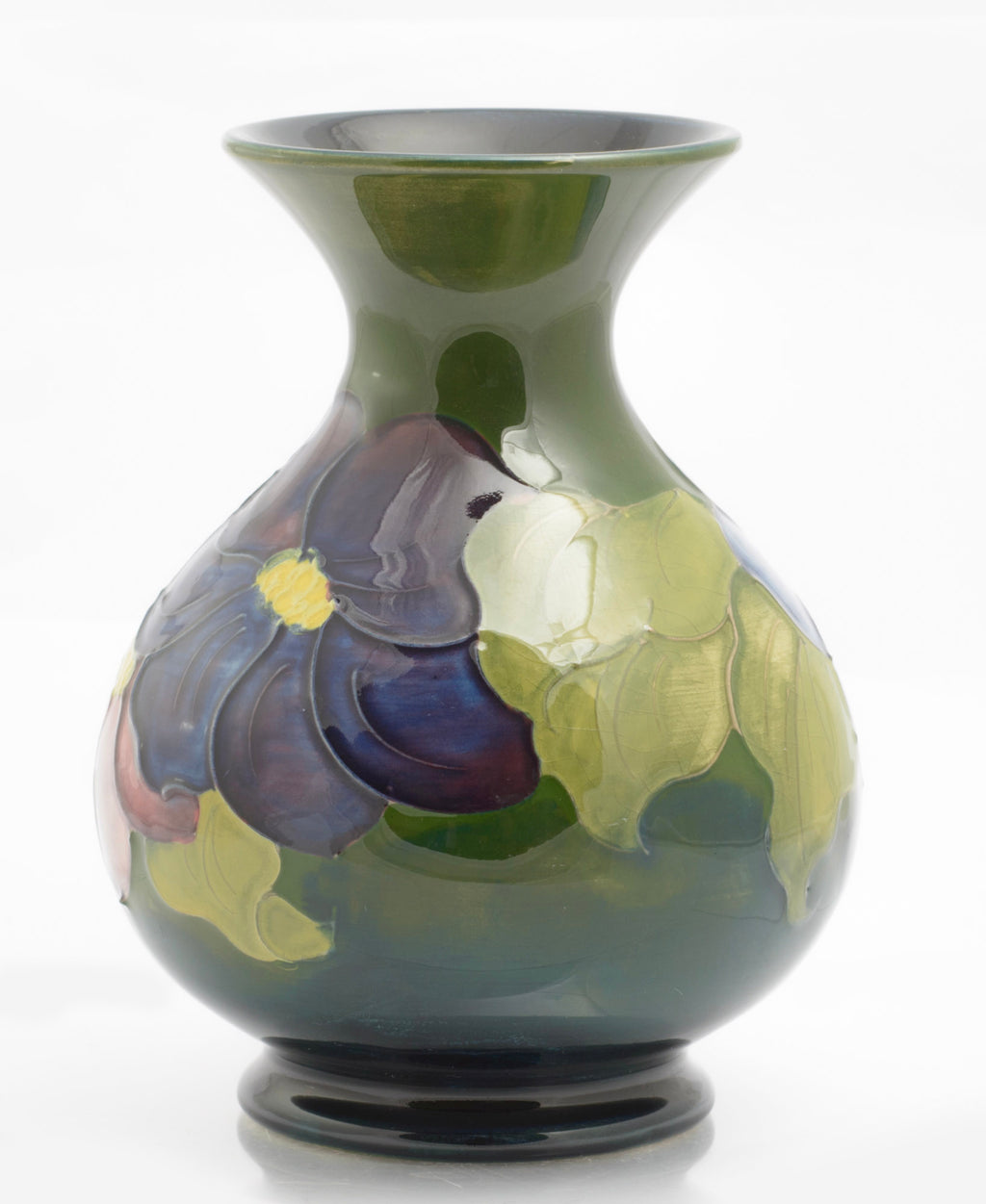 Vintage Moorcroft Tubelined Clematis Pattern Art Pottery Vase Green / Blue (3343)